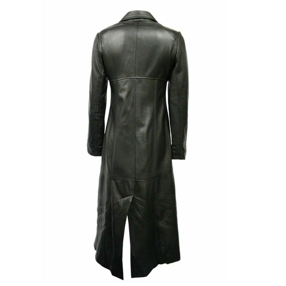 Trench-coat long en cuir véritable noir pour femme