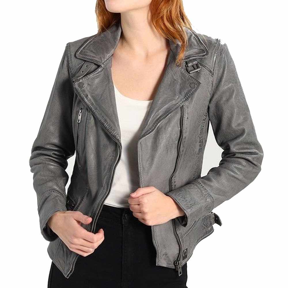 Veste de moto en cuir gris élégante et stylée pour femme