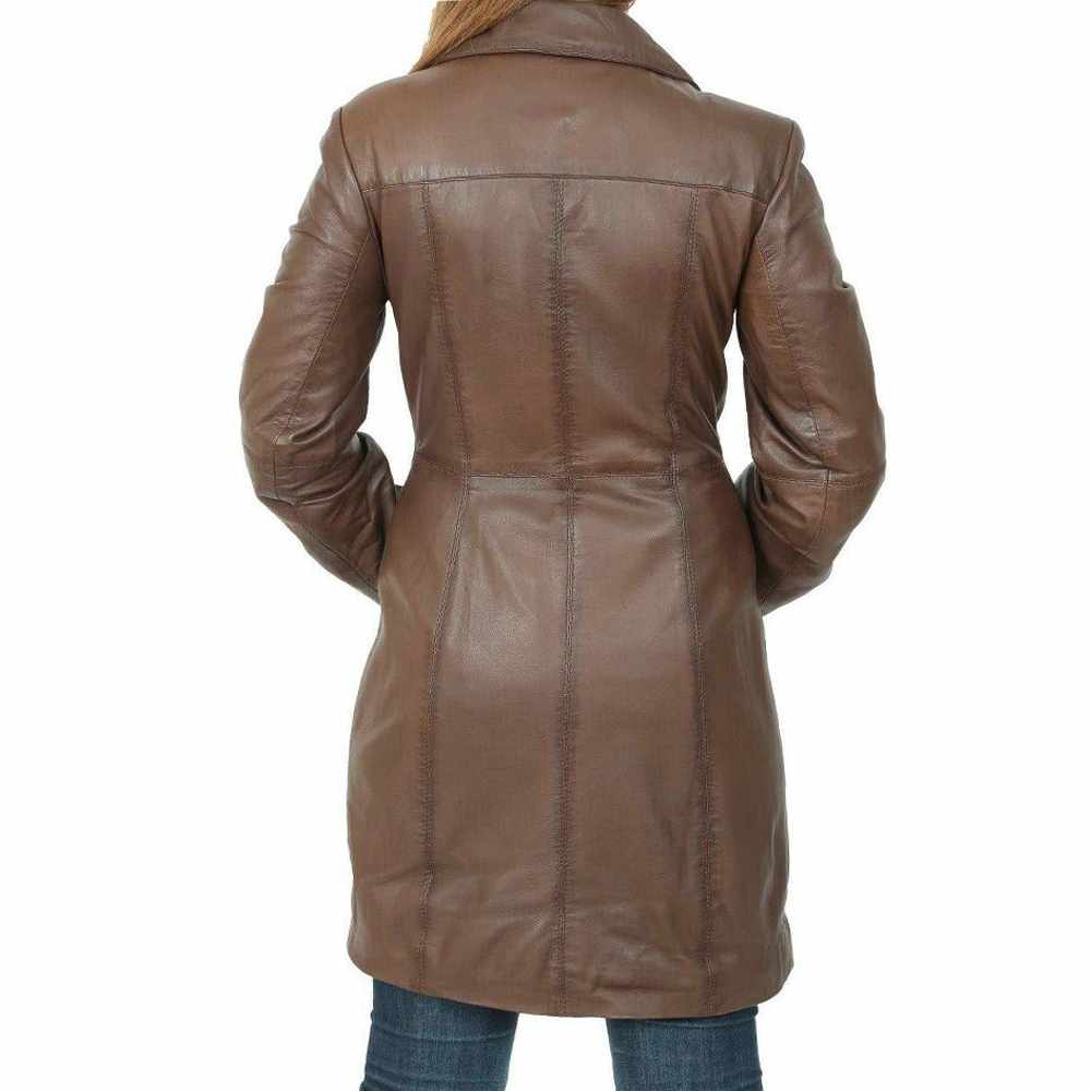 Trench-coat court en cuir marron pour femme