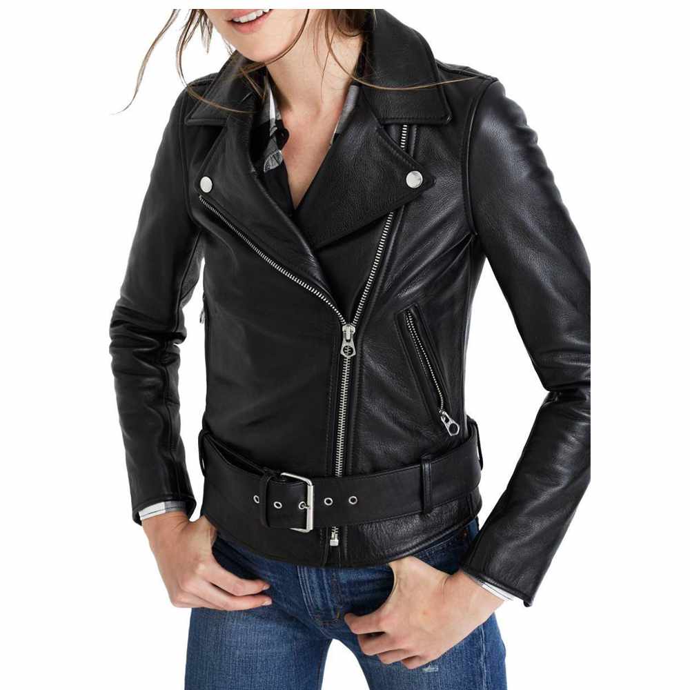 Veste de moto en cuir véritable noir coupe slim pour femme