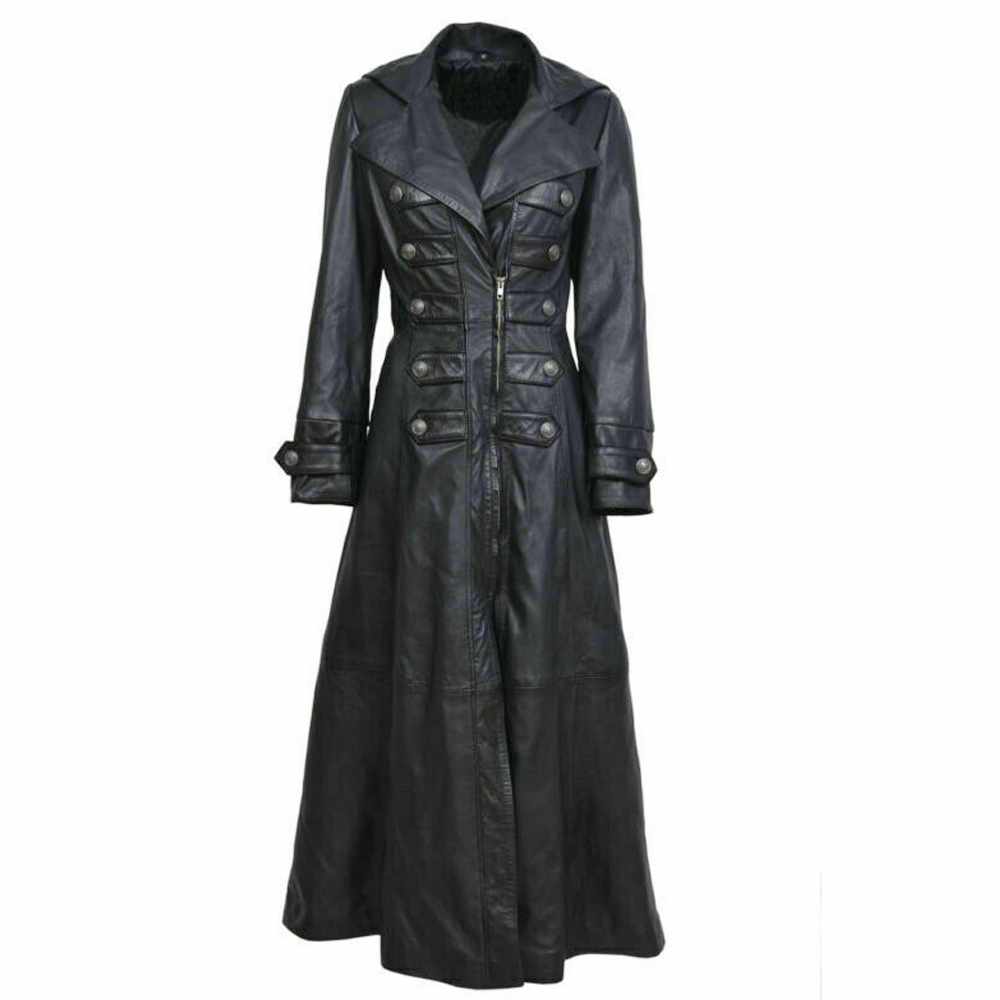 Manteau long militaire en cuir véritable noir pour femme