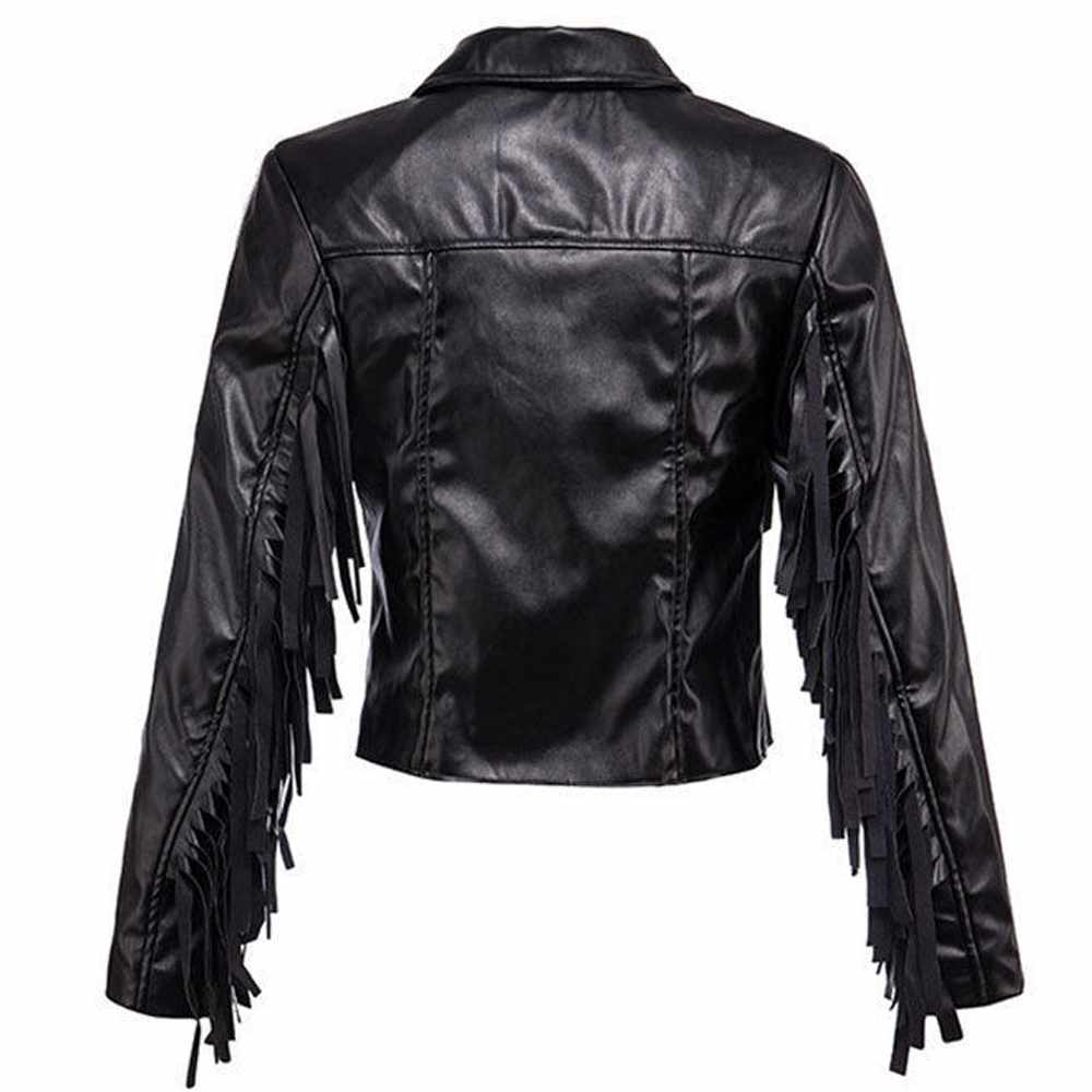 Veste en cuir à franges noire pour femme 