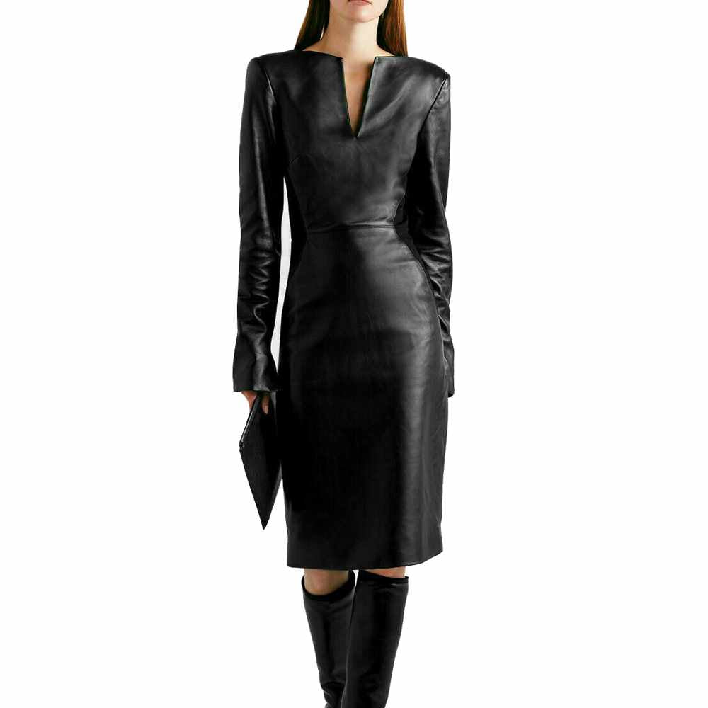 Robe de cocktail en cuir à col en V pour femme