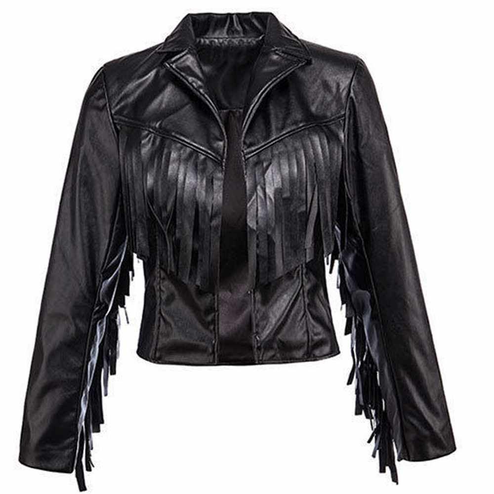 Veste en cuir à franges noire pour femme 