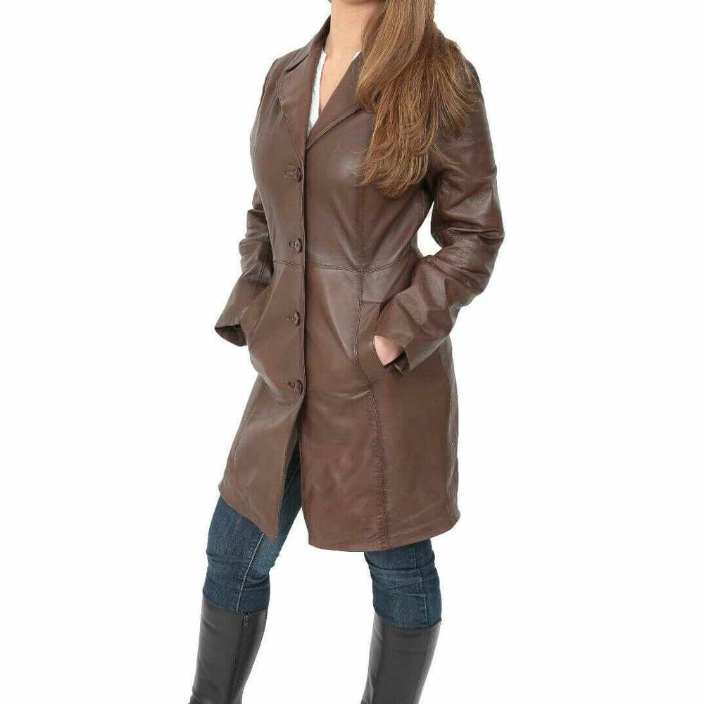 Trench-coat court en cuir marron pour femme