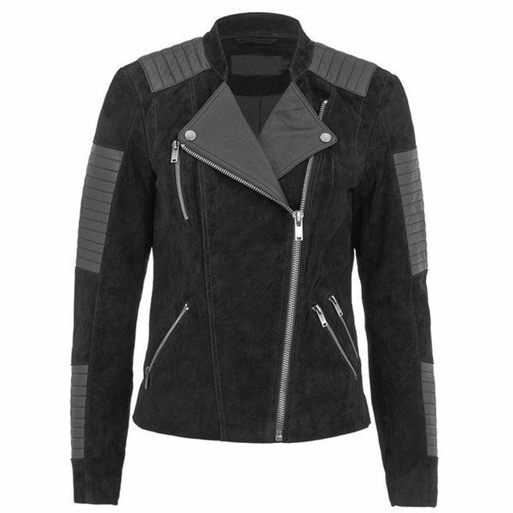 Veste de moto tendance en cuir nubuck noir pour femme