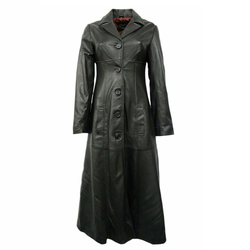 Trench-coat long en cuir véritable noir pour femme