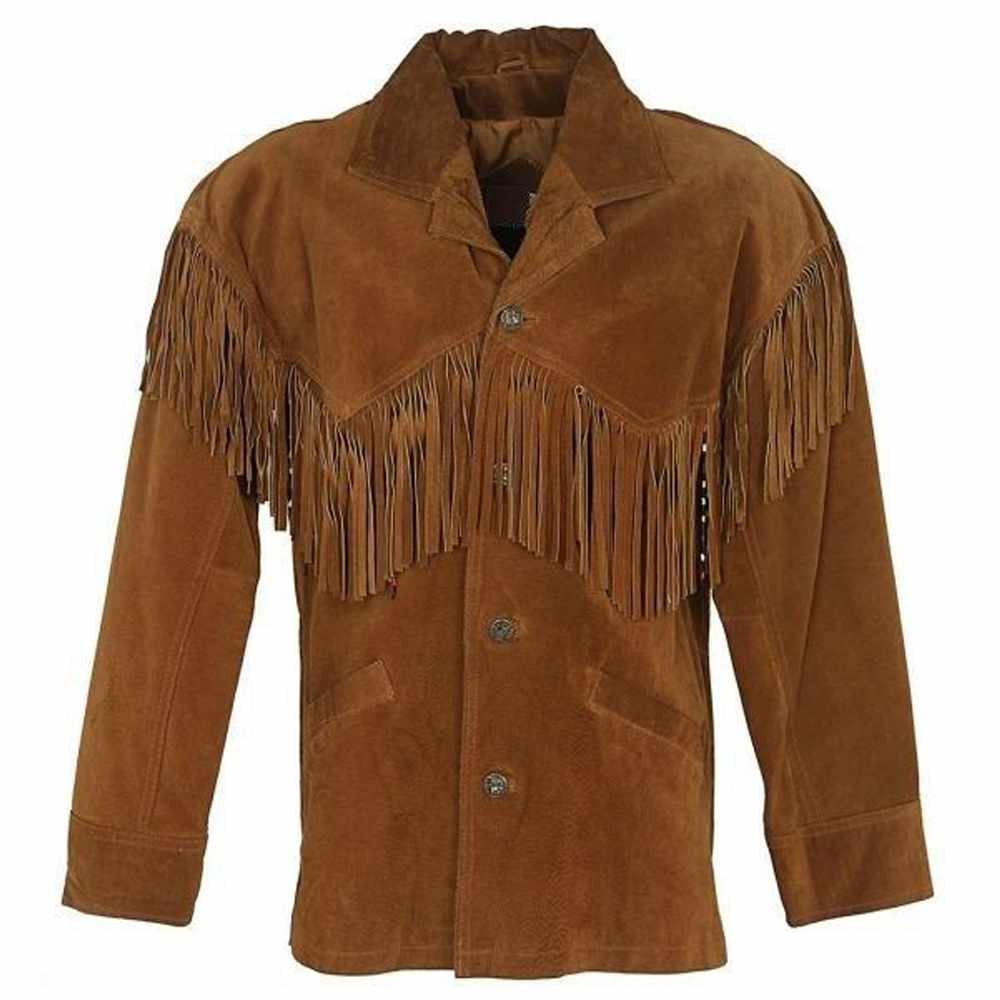 Veste chemise western à franges en cuir suédé et peau de buffle amérindienne