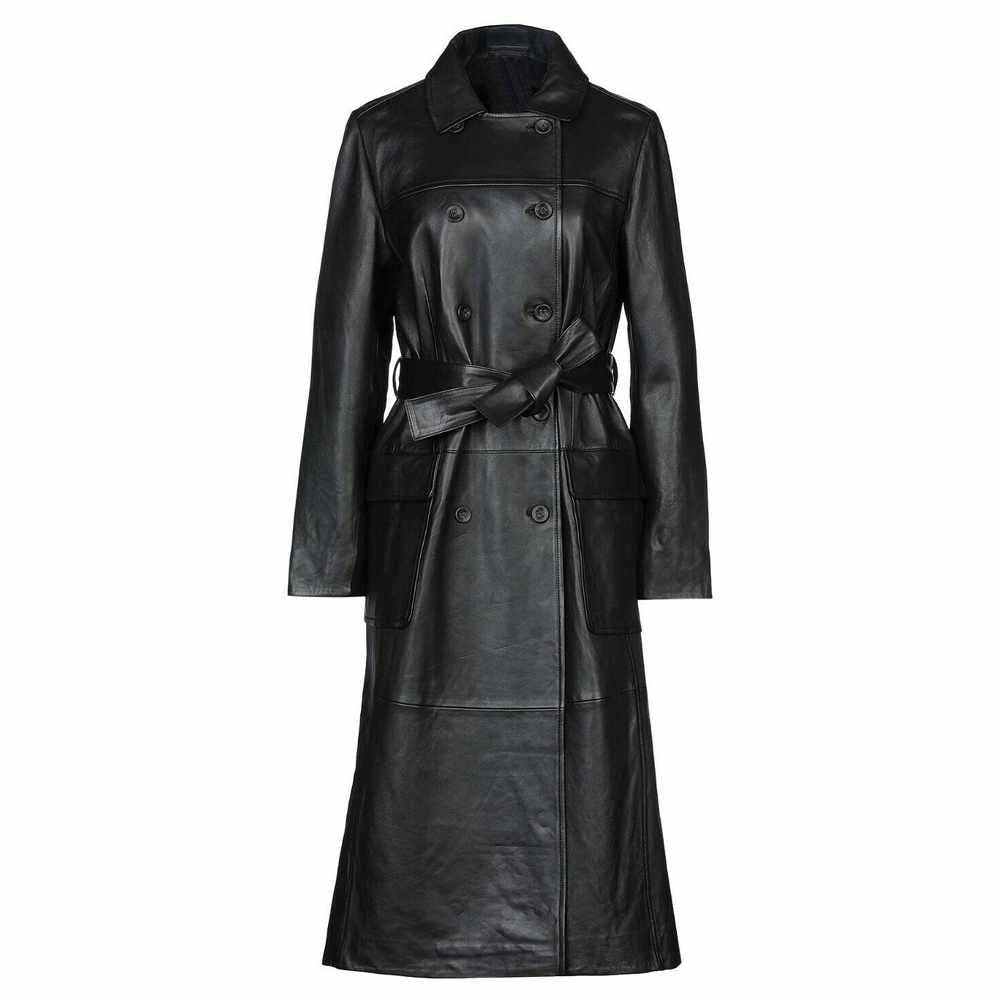 Blazer long en cuir noir à double boutonnage pour femme