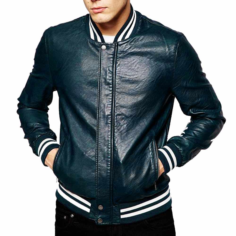 Veste universitaire coupe slim en cuir d'agneau véritable Letterman