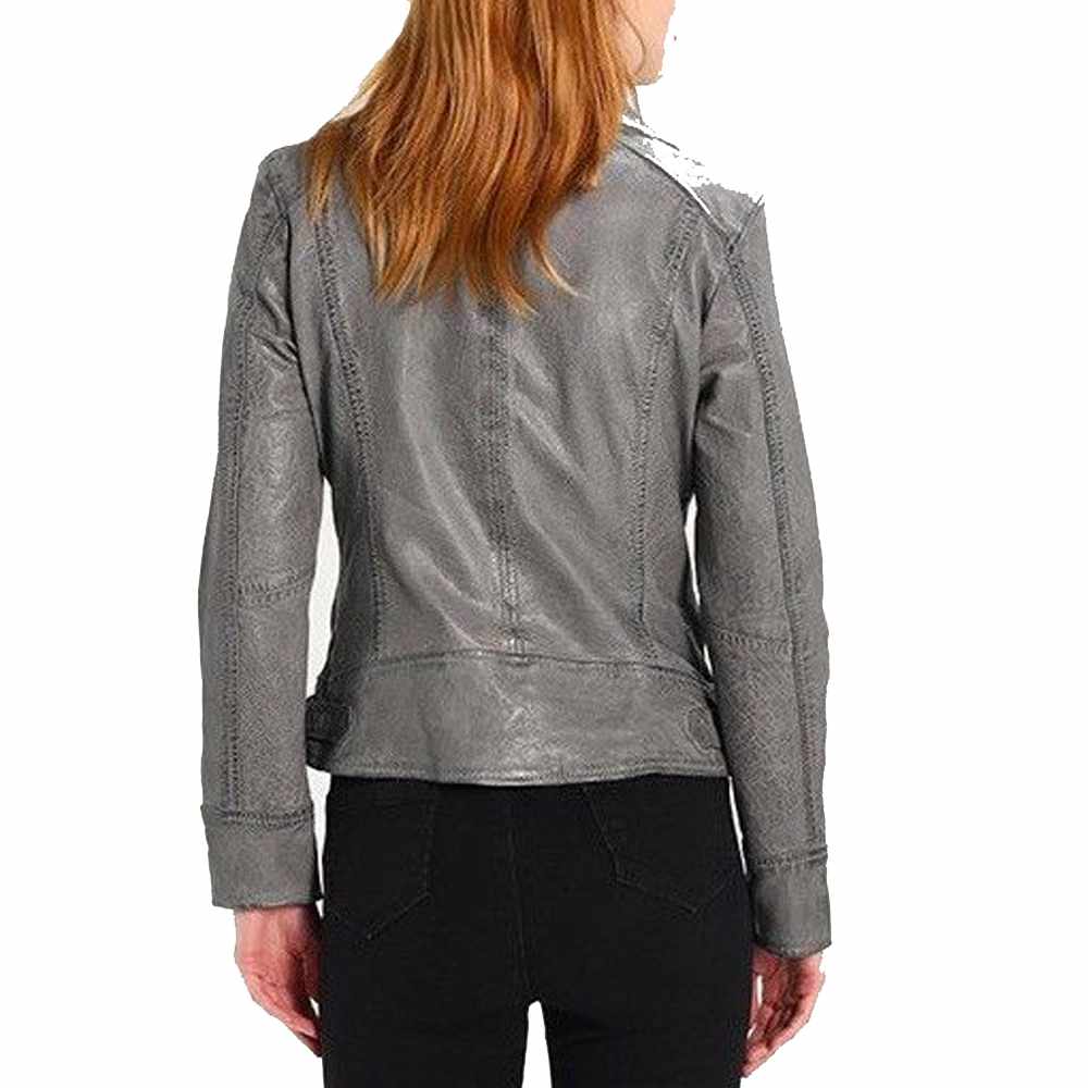 Veste de moto en cuir gris élégante et stylée pour femme