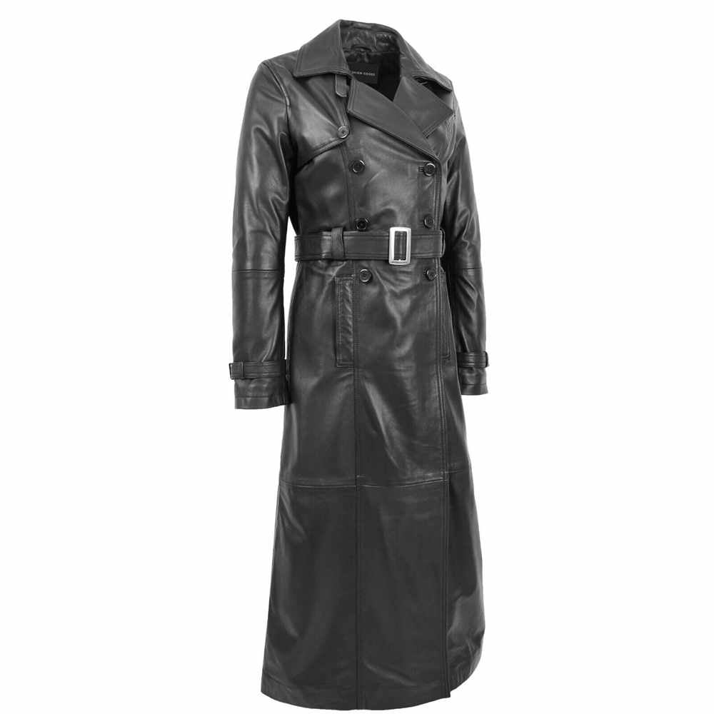 Trench-coat long en cuir noir pour femme Matrix Trinity Long Coat