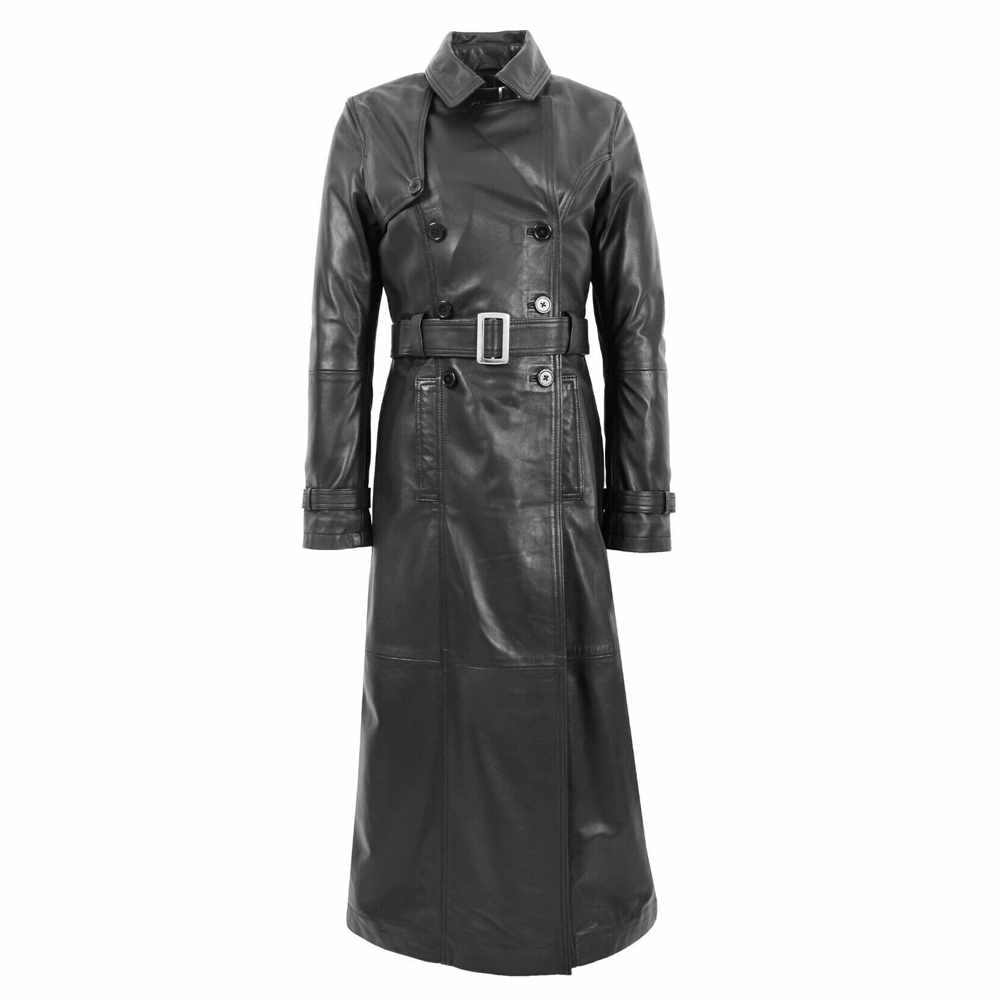 Trench-coat long en cuir noir pour femme Matrix Trinity Long Coat