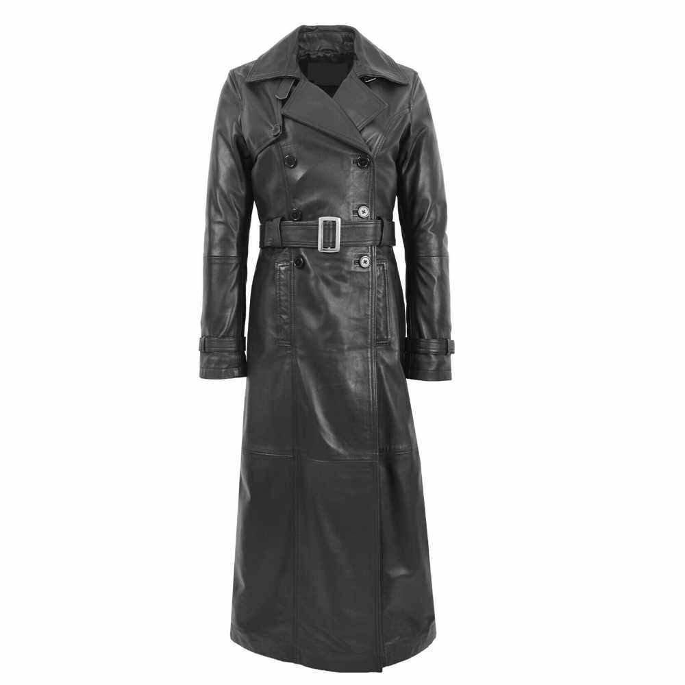 Trench-coat long en cuir noir pour femme Matrix Trinity Long Coat