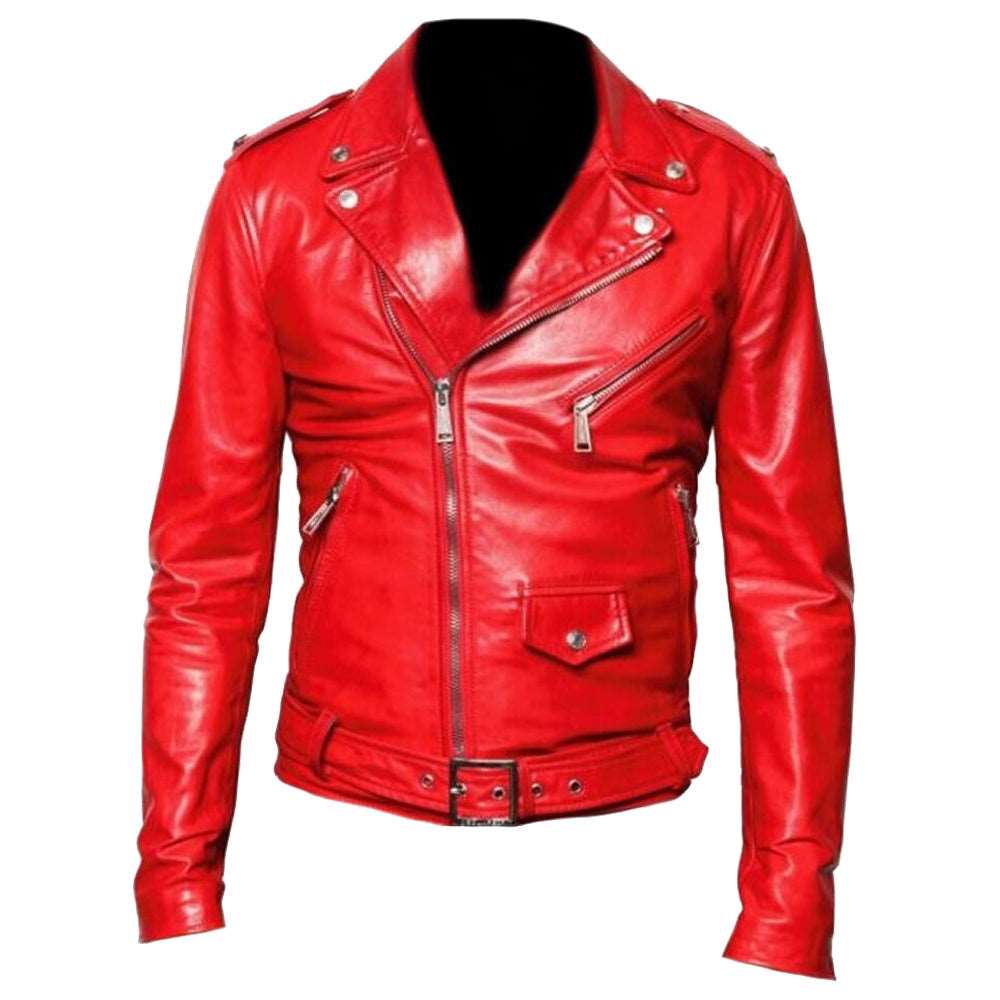 Veste de moto classique en cuir rouge USA