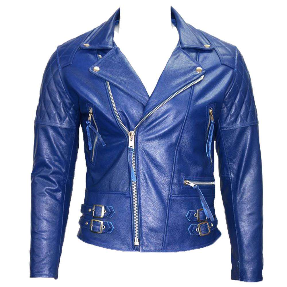 Veste en cuir moto bleu électrique USA Cafe Racer