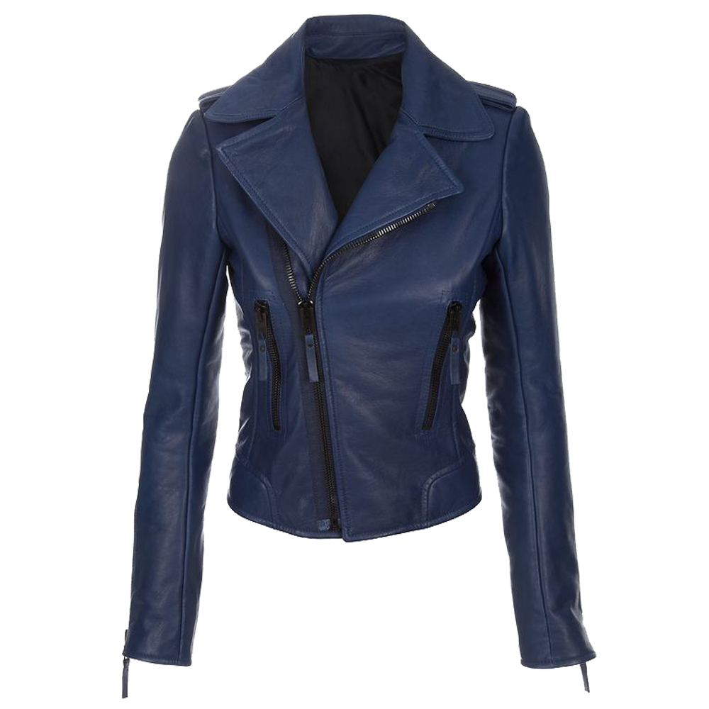 Veste en cuir bleu marine pour femme style motard