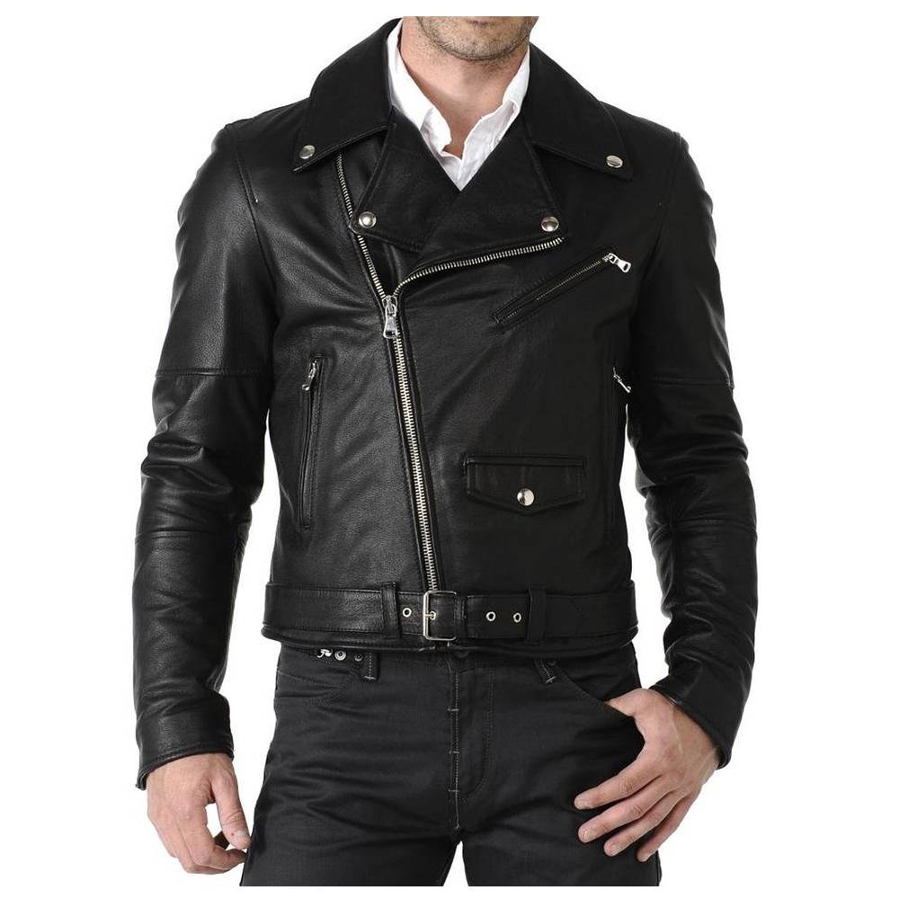 Veste de moto classique en cuir pour homme avec ceinture noire