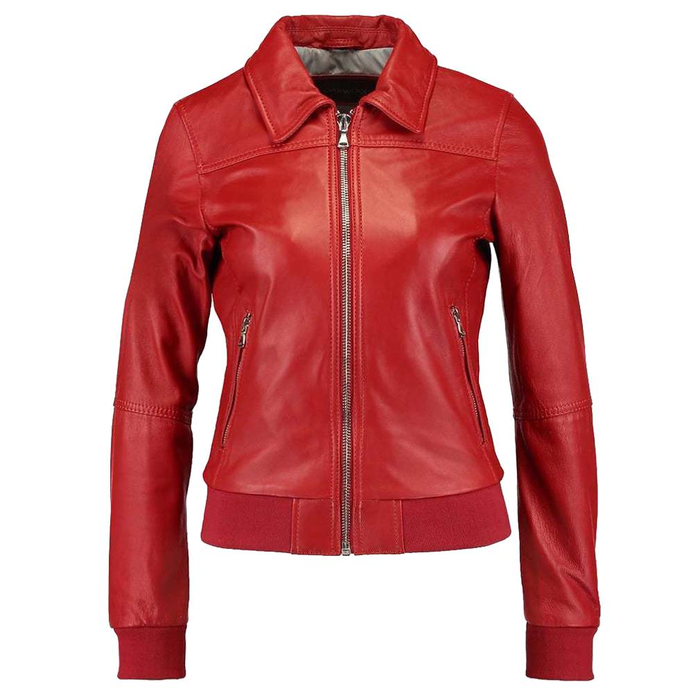 VESTE DE MOTO BOMBER ROUGE POUR FEMME EN CUIR D'AGNEAU COUPE SLIM