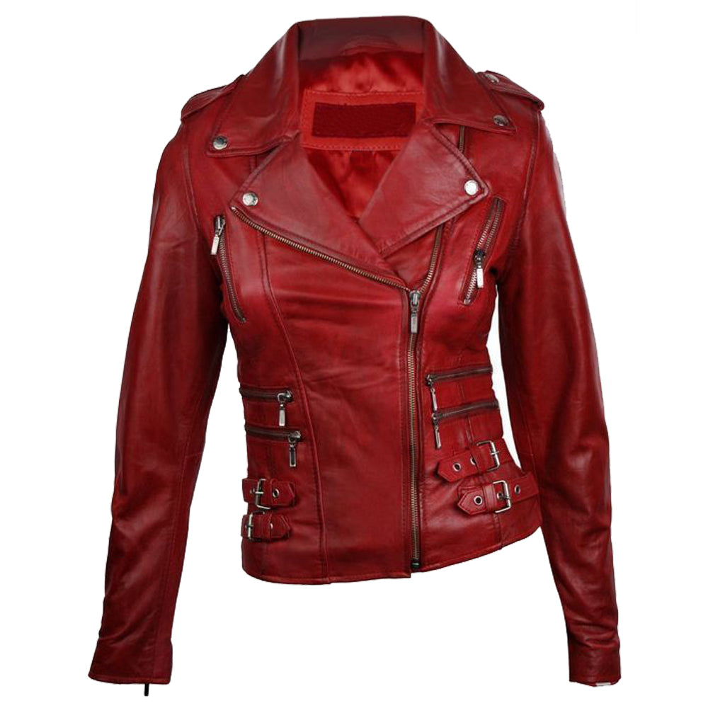 Veste de moto en cuir rouge ciré pour femme