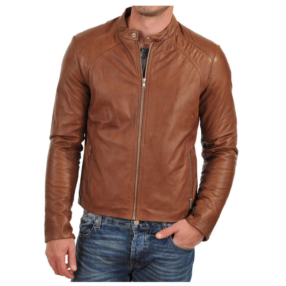 Veste de motard en cuir marron pour homme