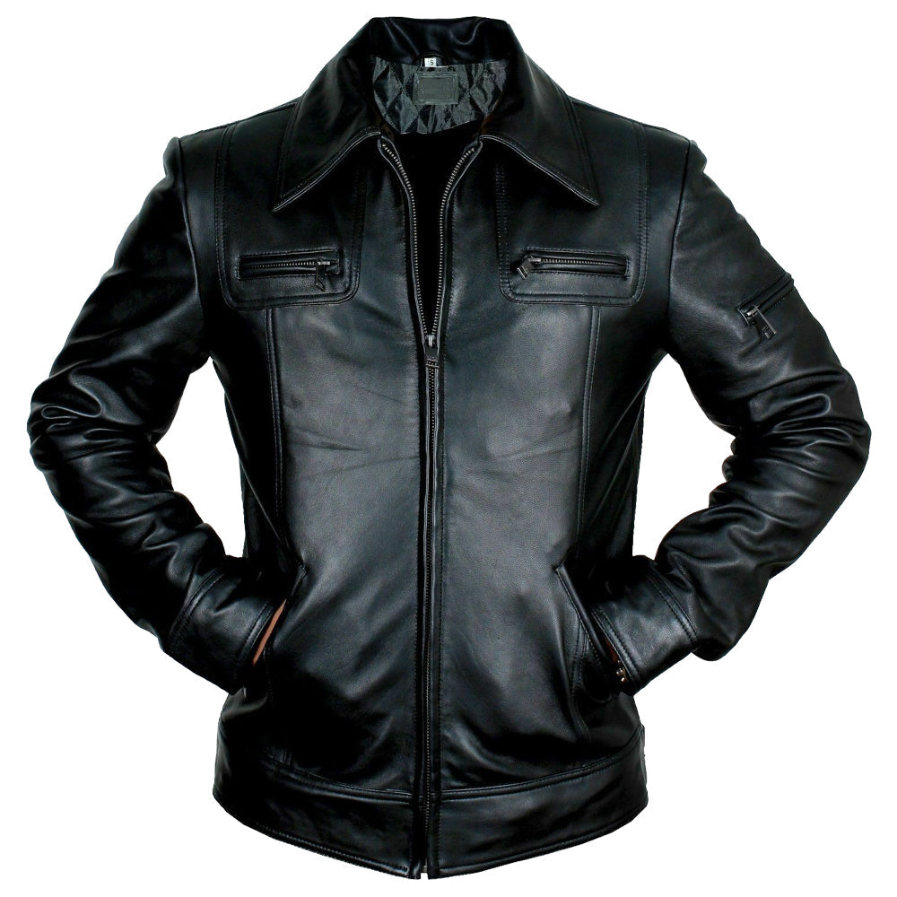 Veste en cuir noir rétro coupe slim pour homme Buster