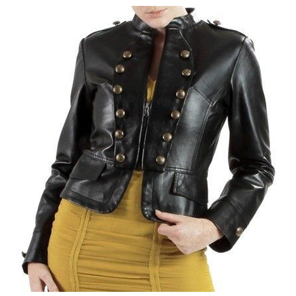 Veste militaire courte en cuir d'agneau pour femme