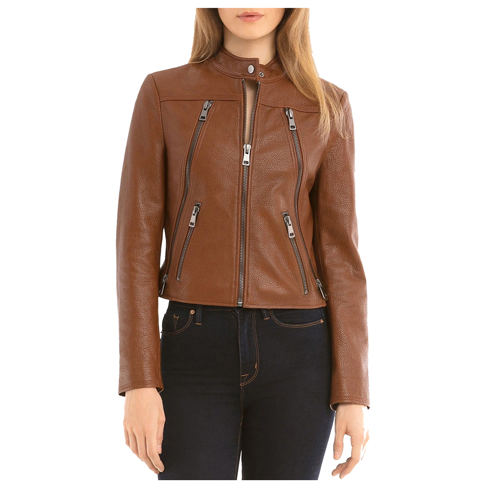 Veste de motard en cuir marron coupe slim pour femme