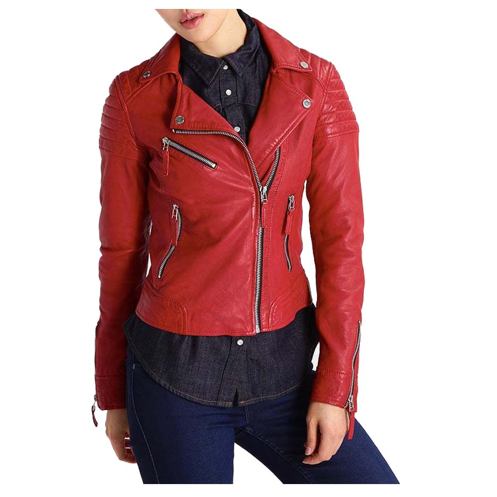 Veste de moto en cuir véritable rouge coupe slim pour femme