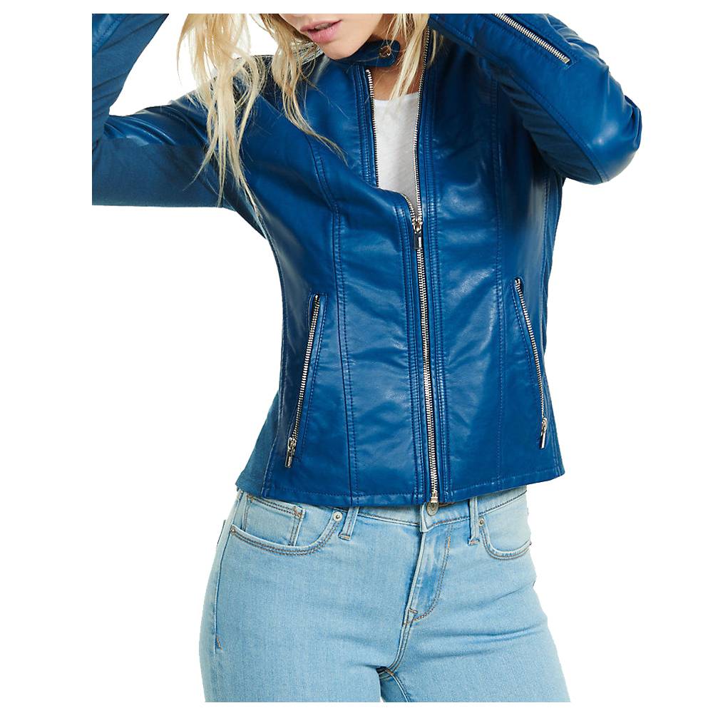 Veste de moto en cuir d'agneau souple bleu pour femme