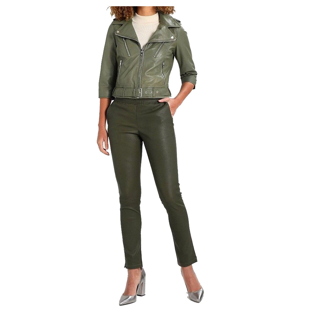 Veste de moto en cuir véritable vert olive pour femme