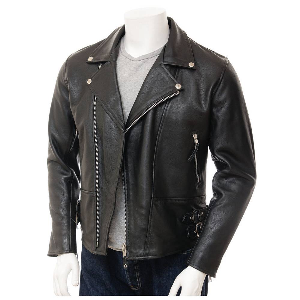 Veste de motard slim fit en cuir véritable pour homme