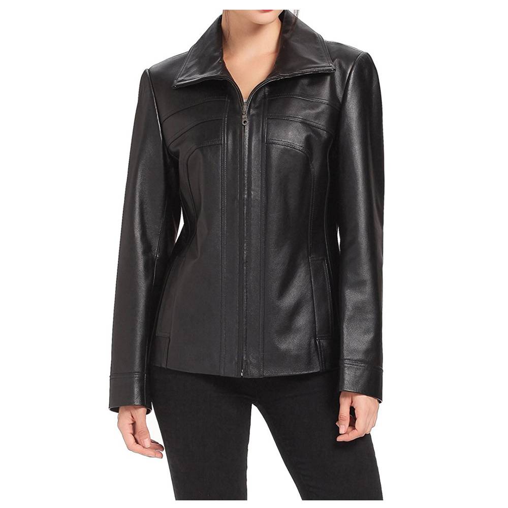 Veste en cuir noir tendance en peau d'agneau pour femme 