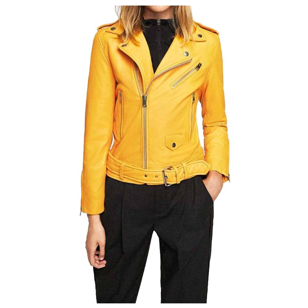 VESTE DE MOTO EN CUIR VÉRITABLE COUPE SLIM JAUNE MANGO POUR FEMMES