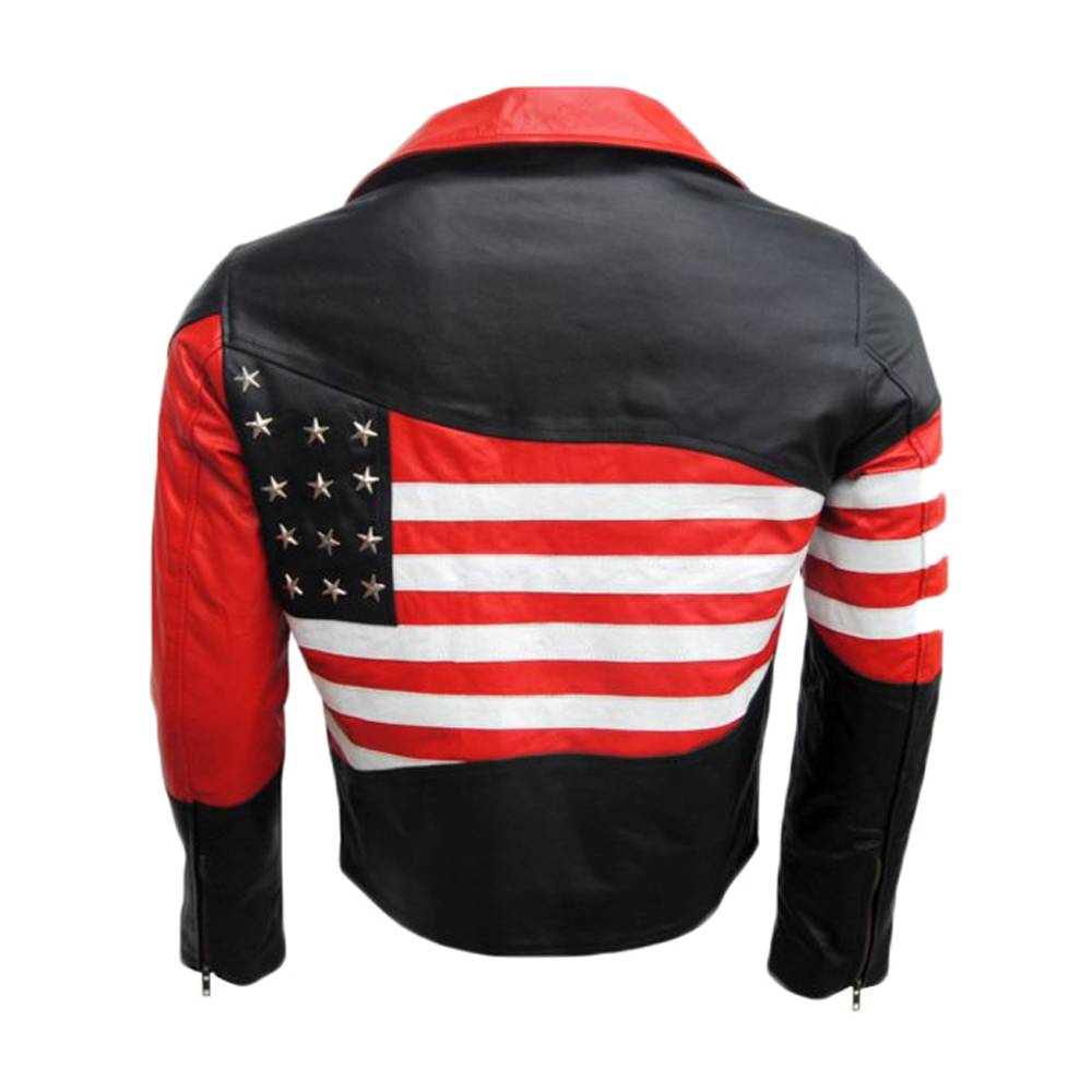 Veste de motard en cuir avec drapeau américain pour homme