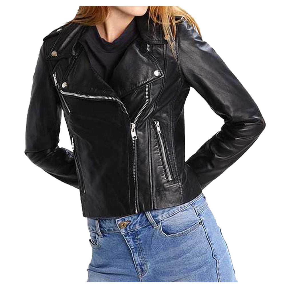 Veste de motard en cuir d'agneau véritable pour femme