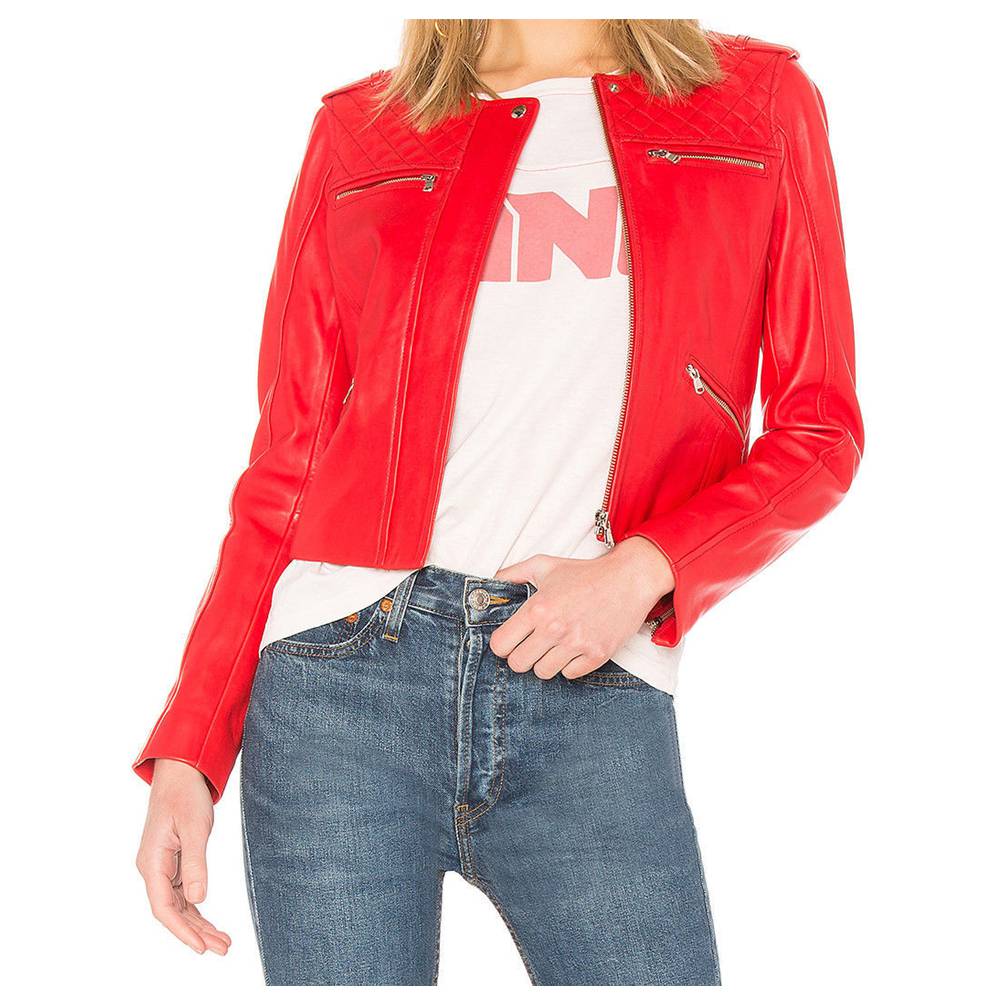 Veste de moto en cuir rouge pour femme