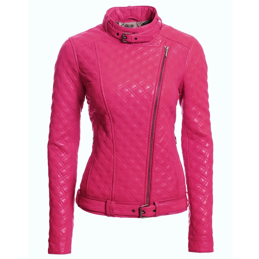 Veste motard en cuir rose vif pour femme