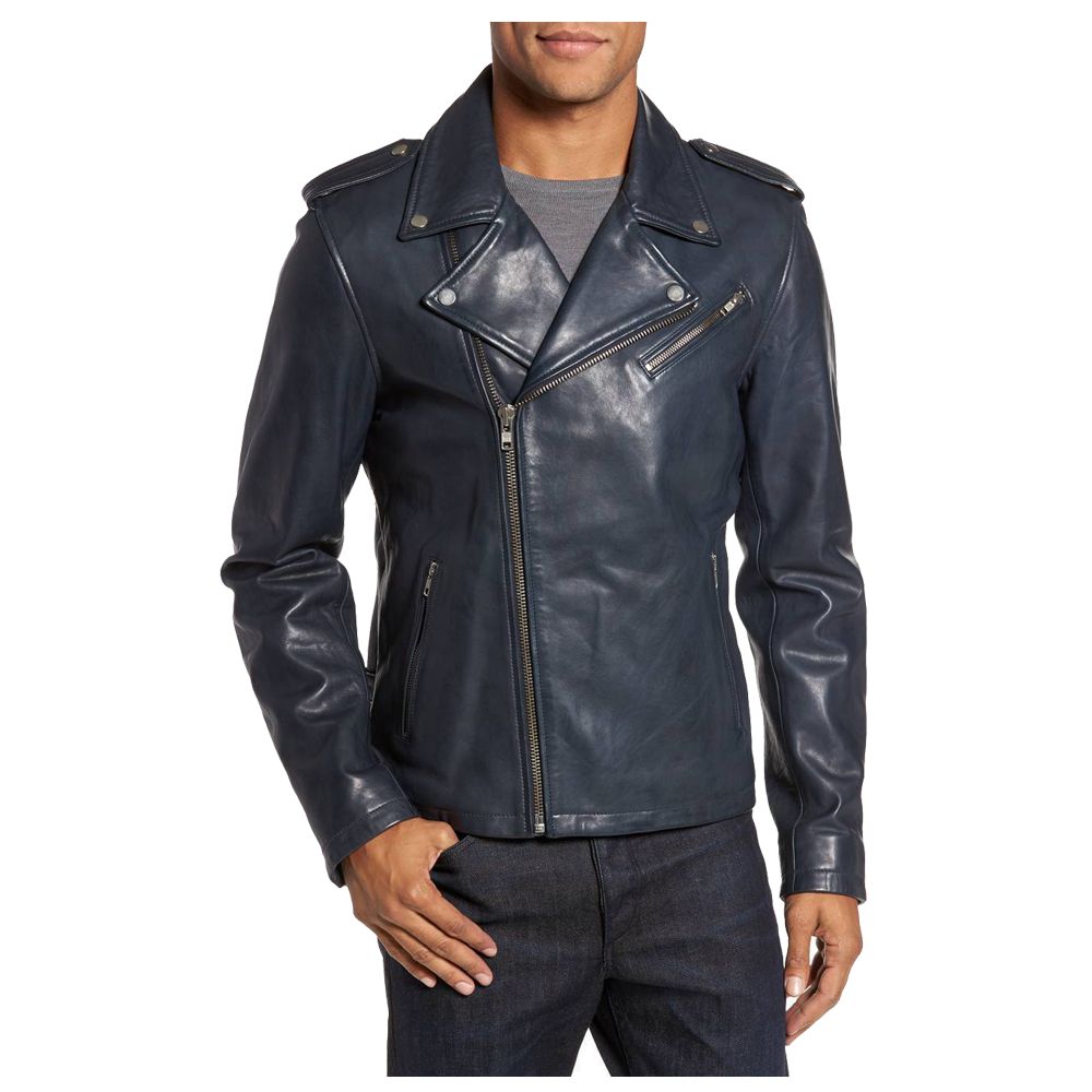 Veste de motard bleu foncé à la mode