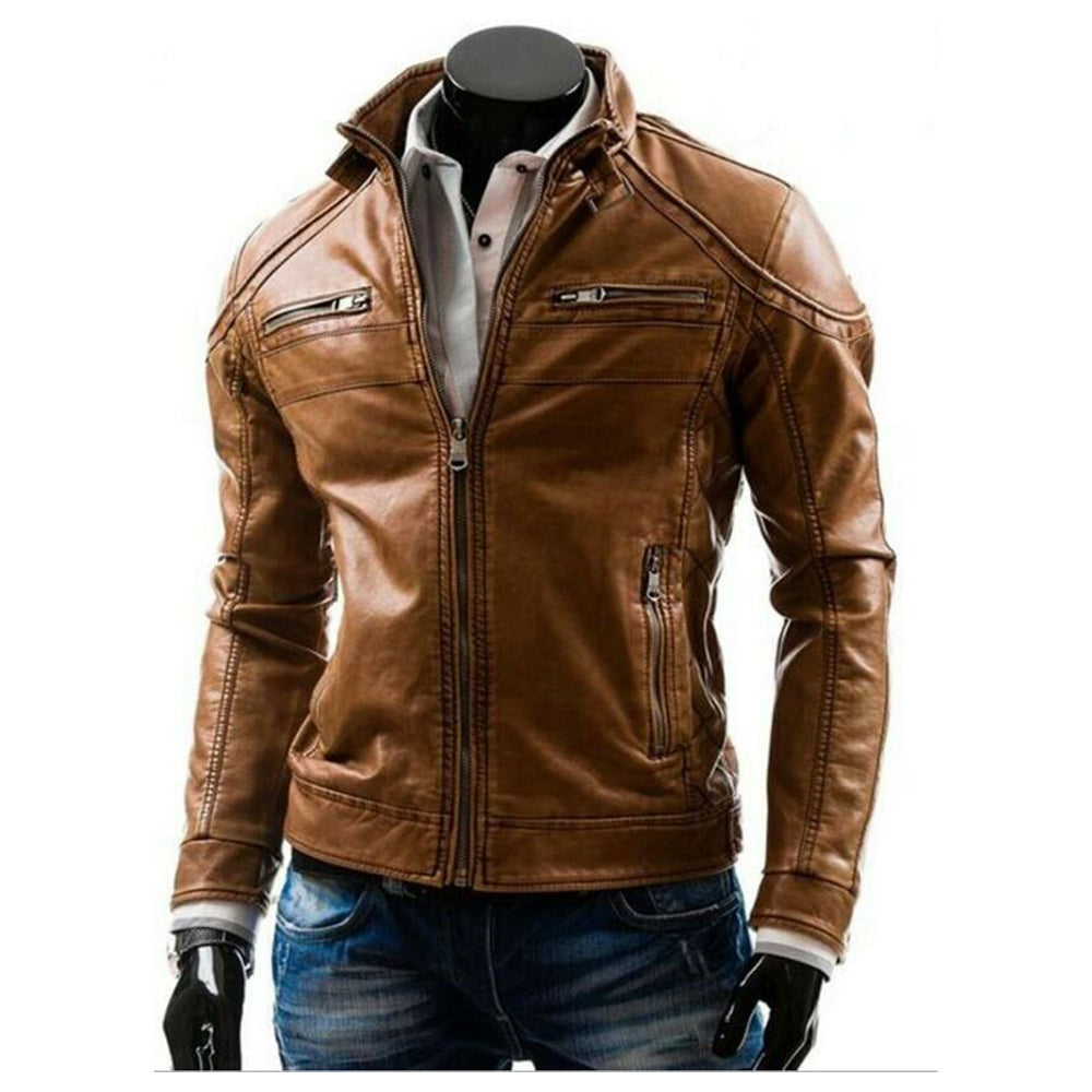 Veste de motard tendance en cuir marron pour homme