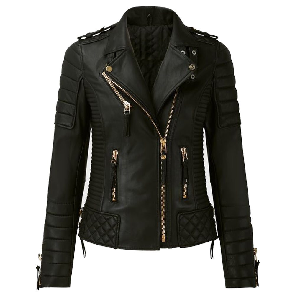 Veste en cuir à fermeture éclair dorée pour femme, classique et à la mode, pour moto