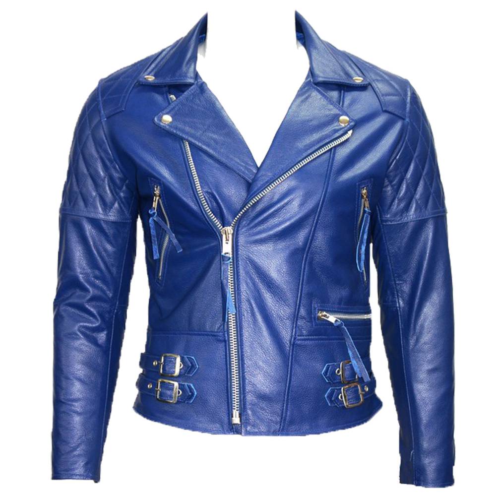 Veste de moto en cuir bleu royal Cafe Racer