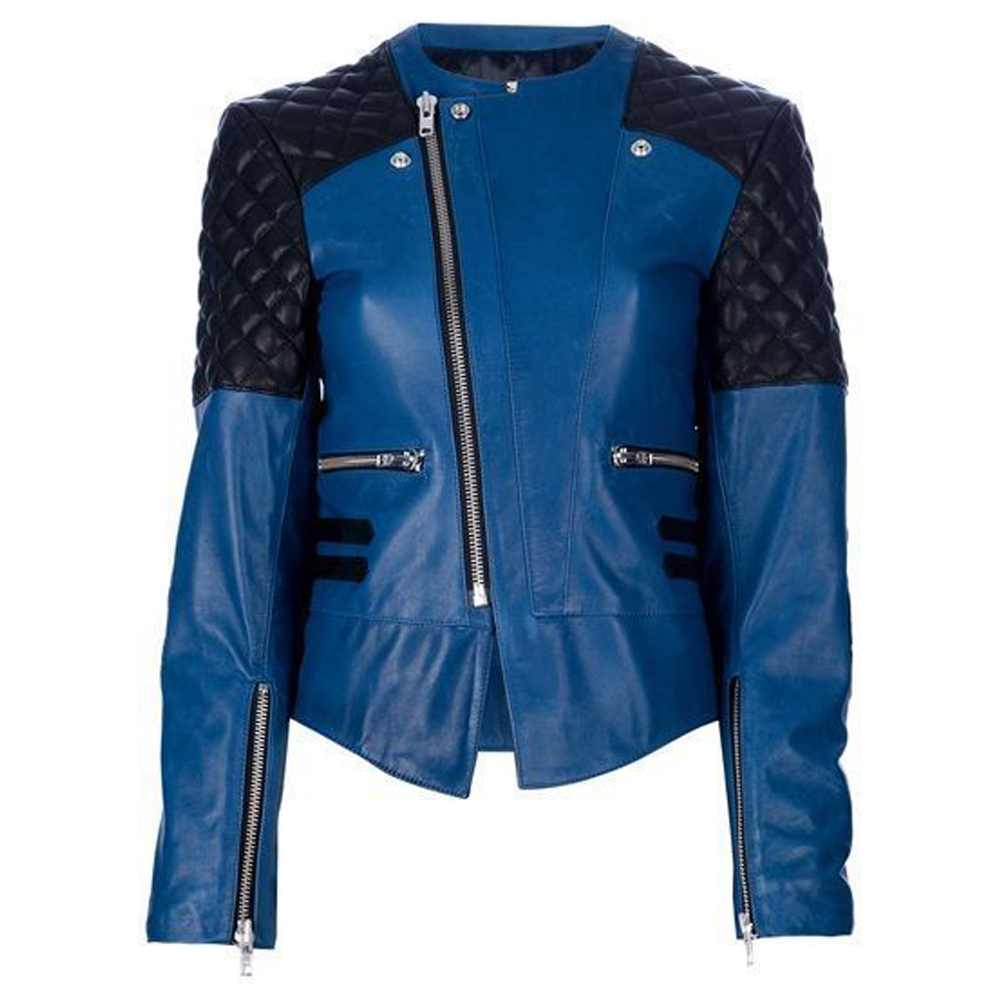 Veste en cuir de style motard bleu royal pour femme