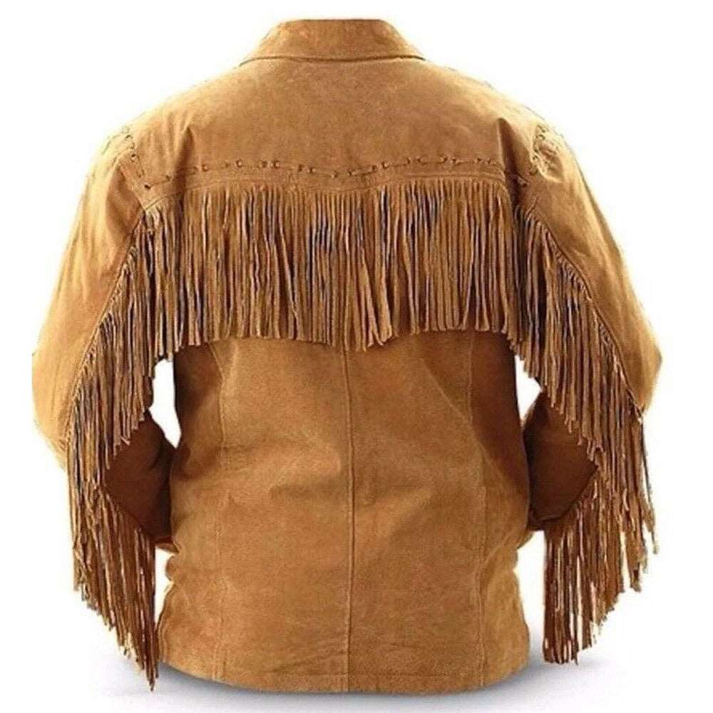 Veste à franges en cuir suédé marron style cowboy western