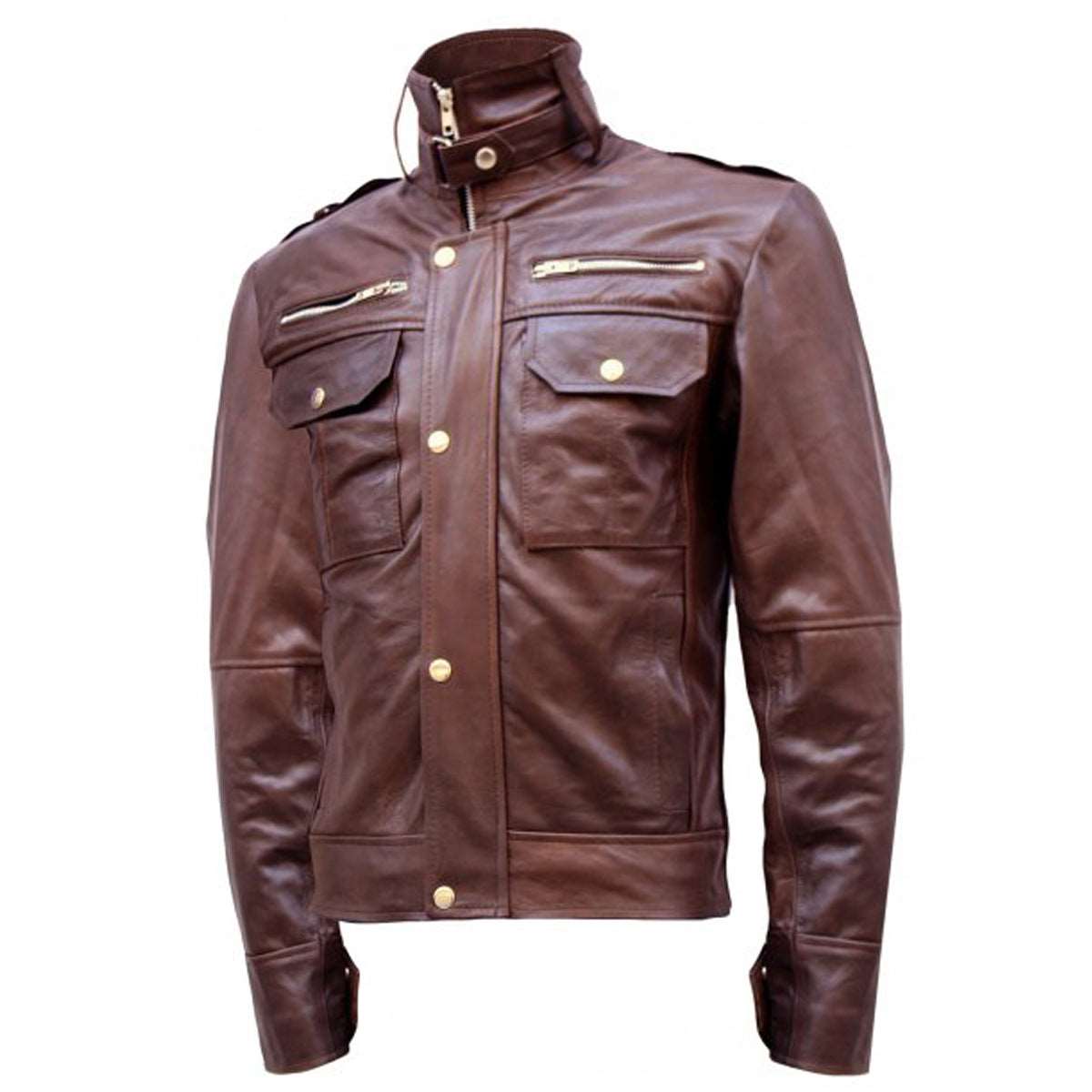 Chocolate Brown Men Military Leather Jacket