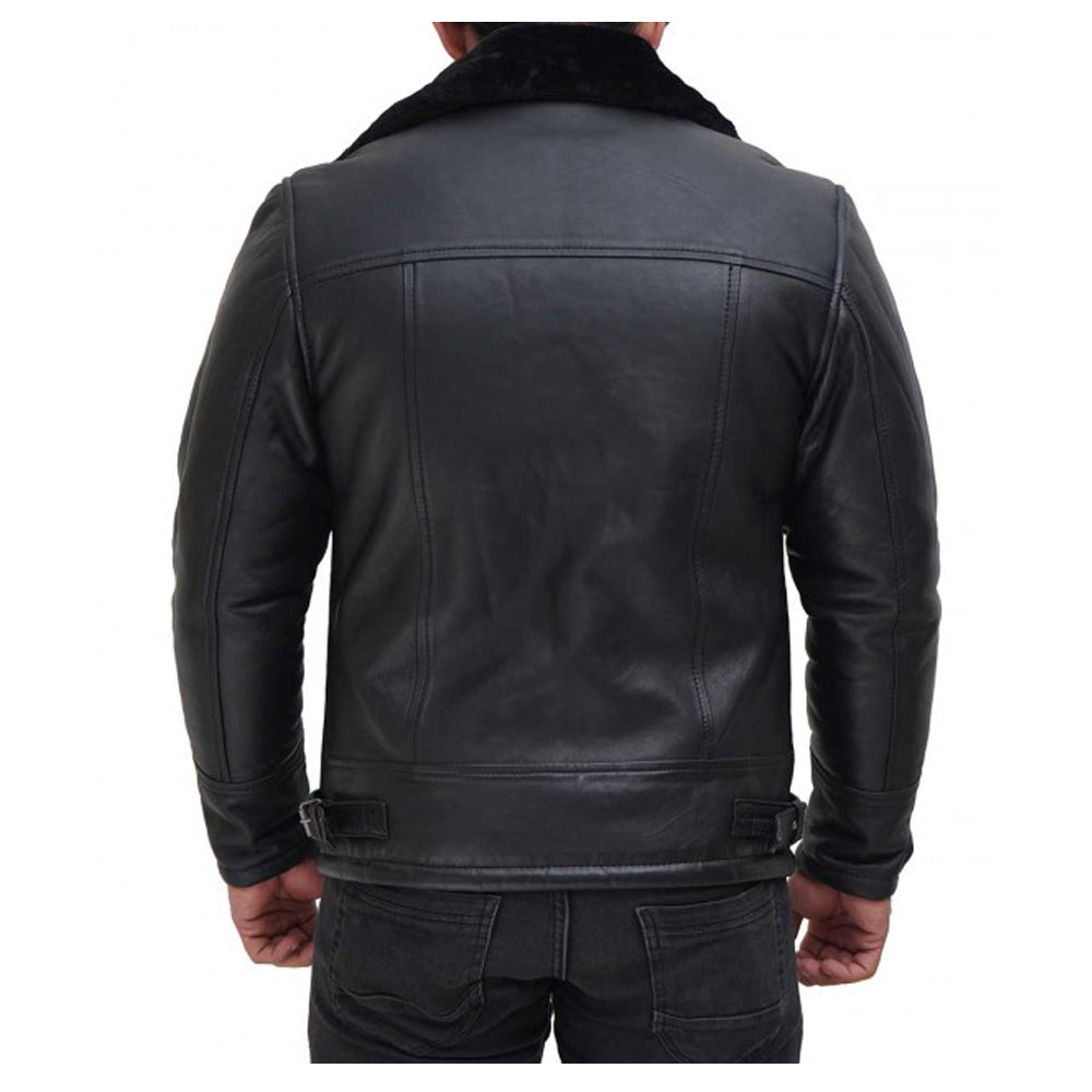 Veste en cuir aviateur en peau de mouton noire pour homme