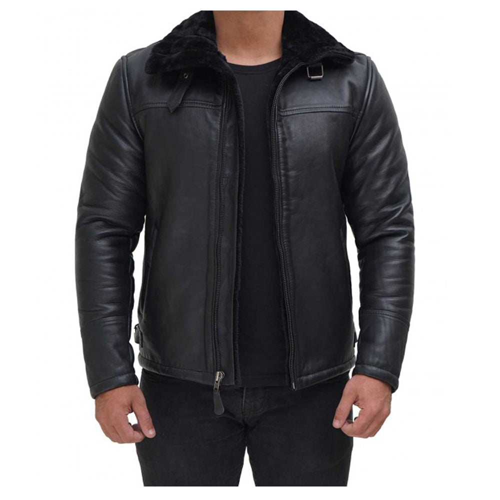 Veste en cuir aviateur en peau de mouton noire pour homme