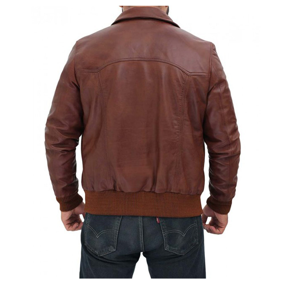 Veste en cuir vieilli style aviateur marron foncé pour homme