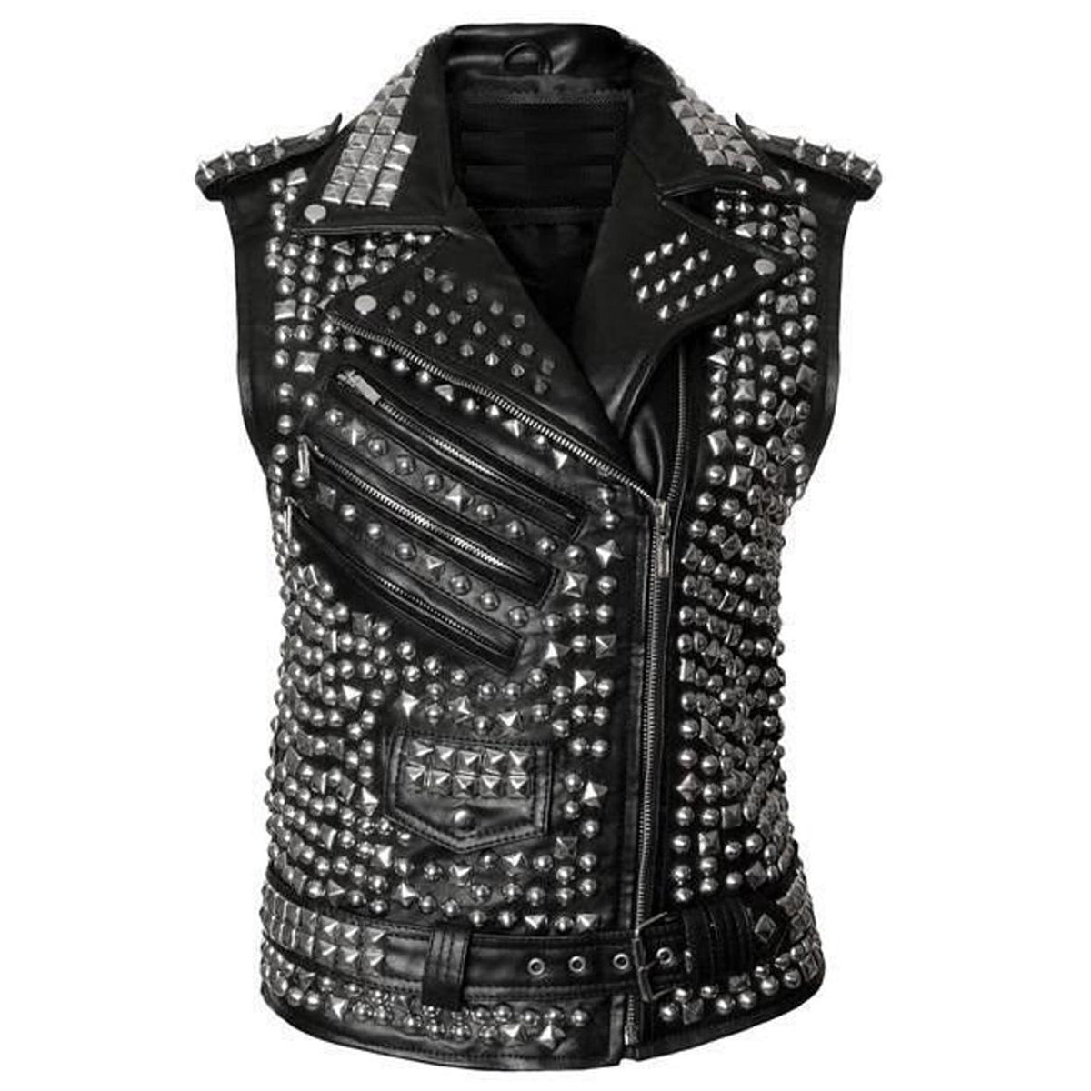 Gilet en cuir clouté pour femme avec ceinture à pointes style punk gothique