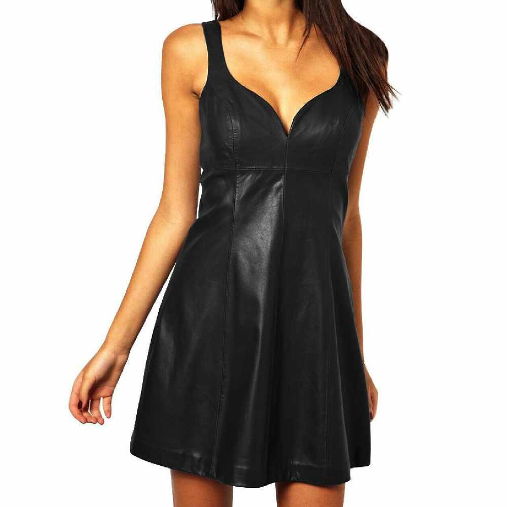 Mini-robe de soirée dansante en cuir noir pour femme